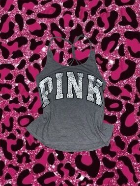 PINK Gray Racerback Tank Top with White Logo
